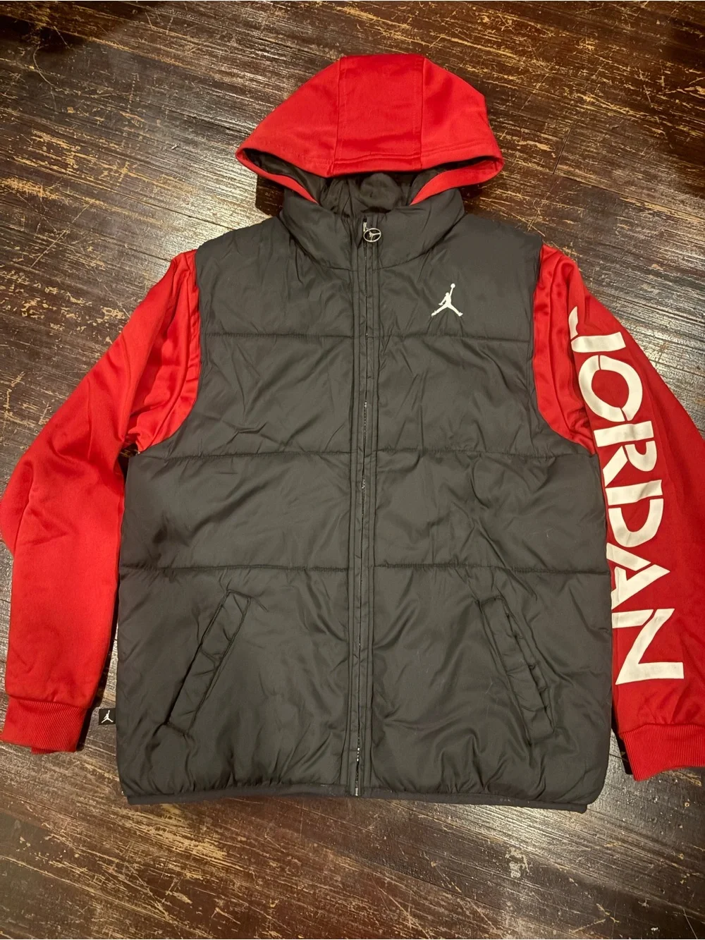 Jordan Black Quilted Vest with Red Sleeves & Hood Boys size 12/13
